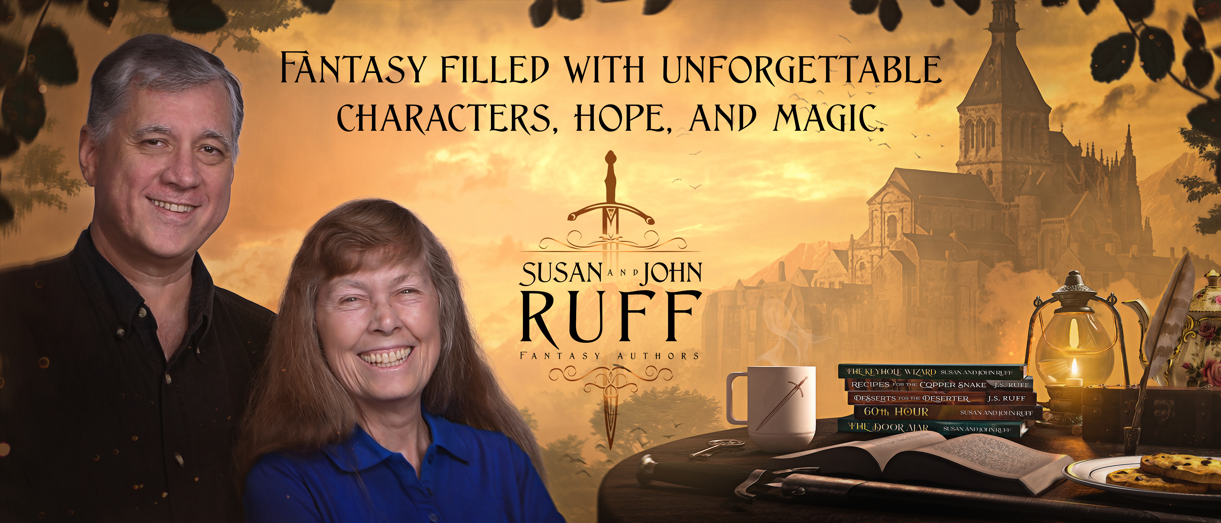 The welcome banner shows the two authors, their logo, and states: "Fantasy filled with unforgettable characters, hope, and magic."